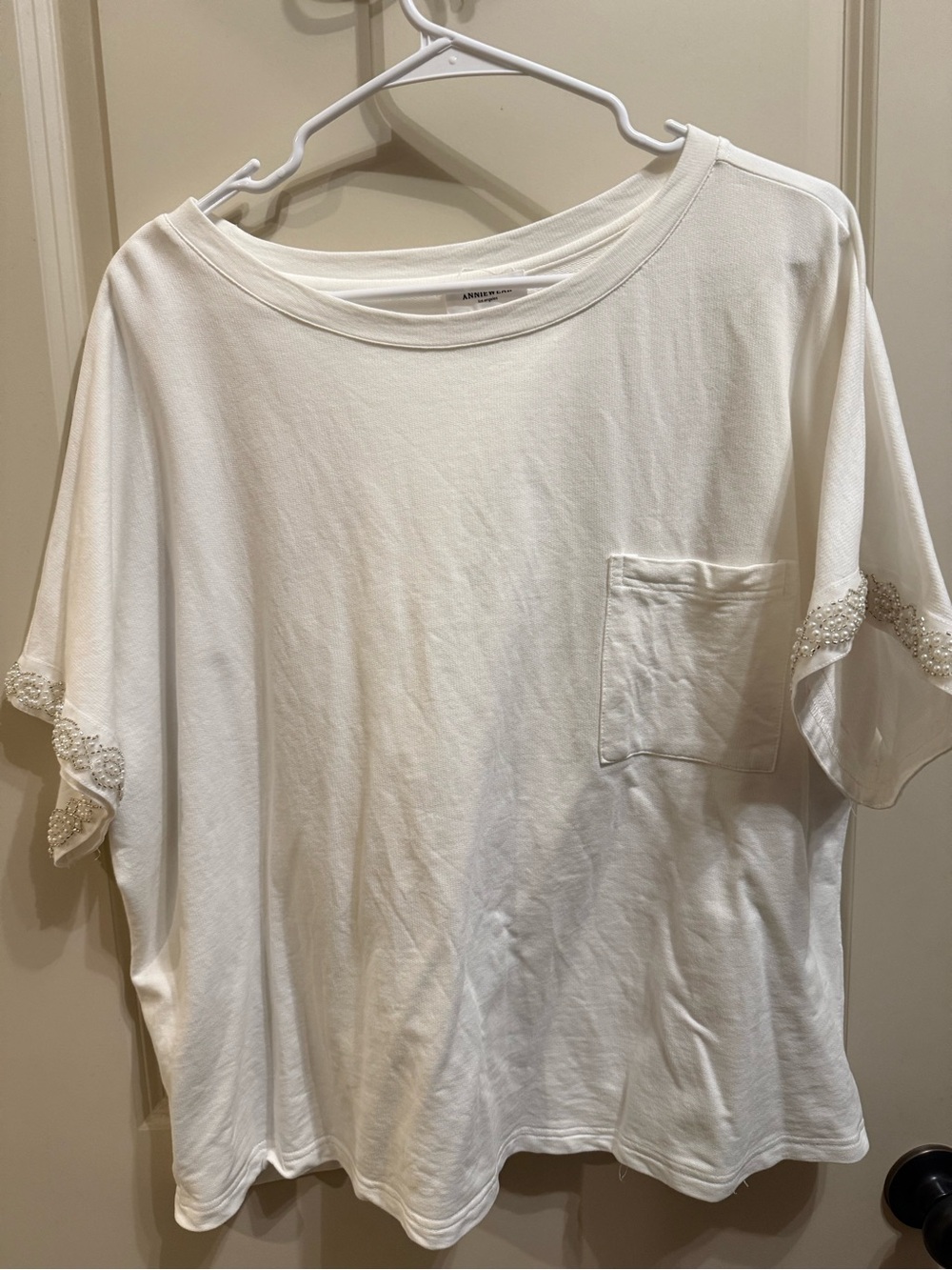 Annie White Short Sleeve Tee with Beaded Sleeve Trim